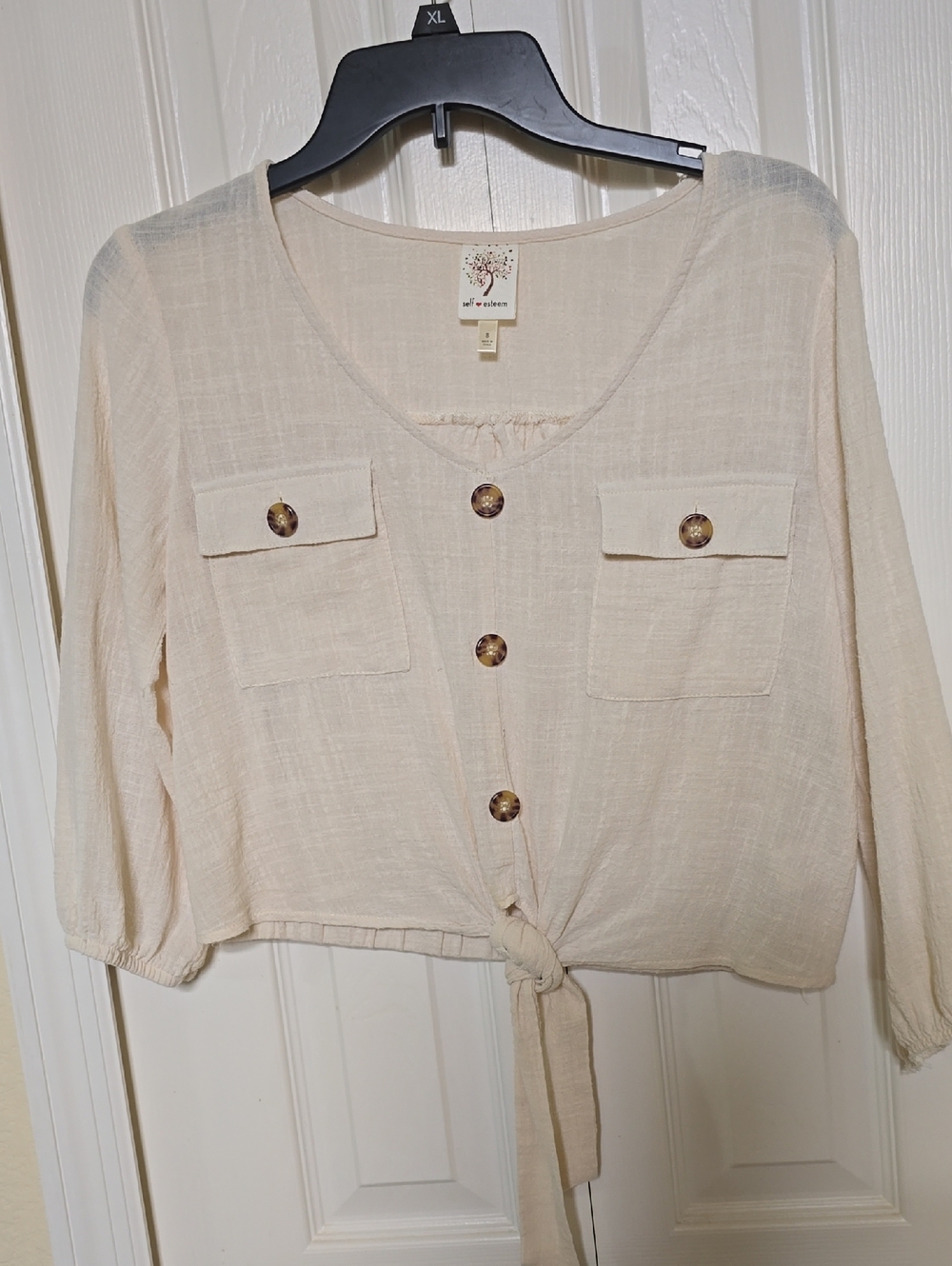 Self ❤️ Esteem Cream Front-Tie Button Blouse